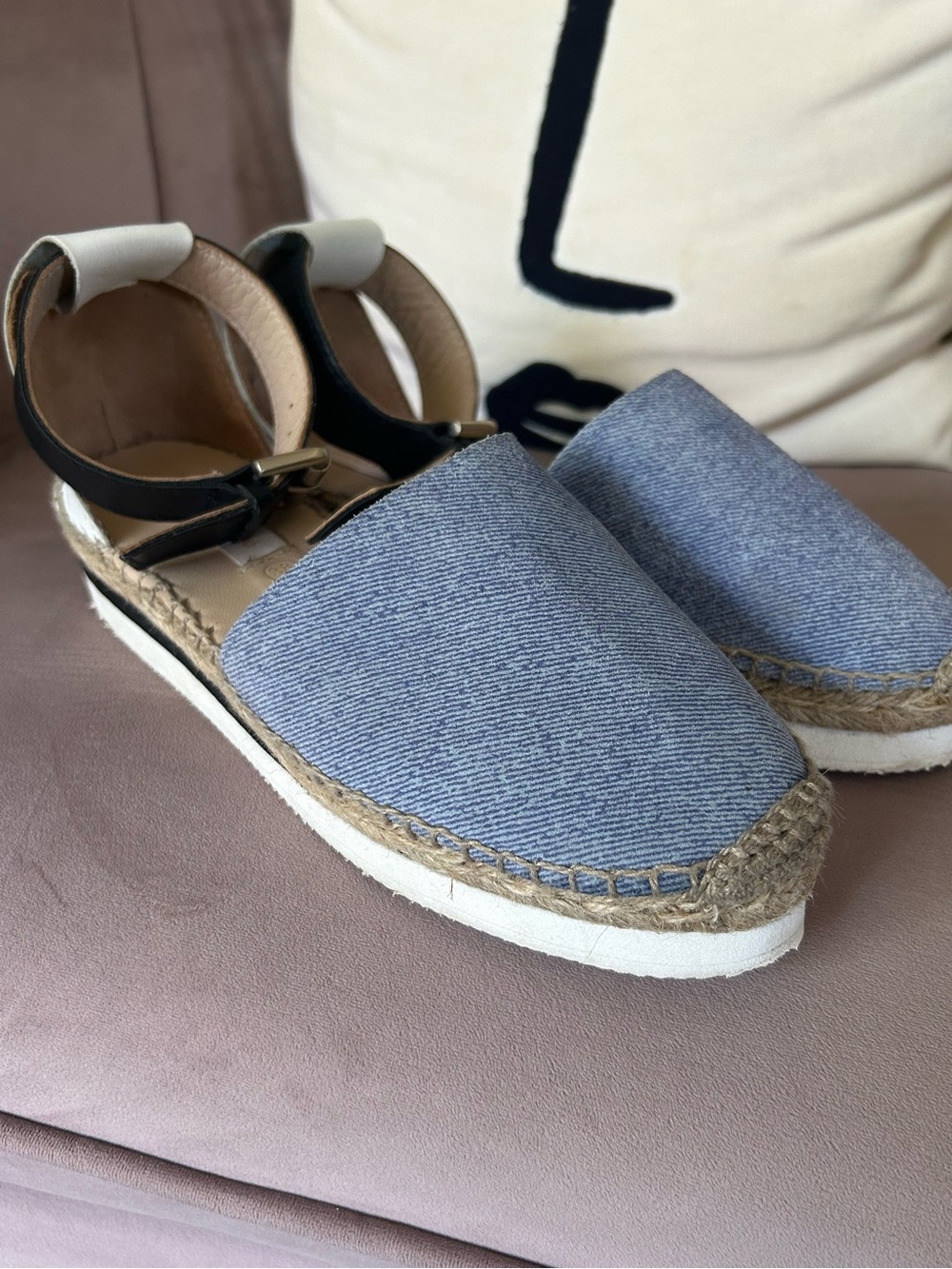 See By Chloe Light Blue Denim Espadrille Sandals with Black Ankle Strap
